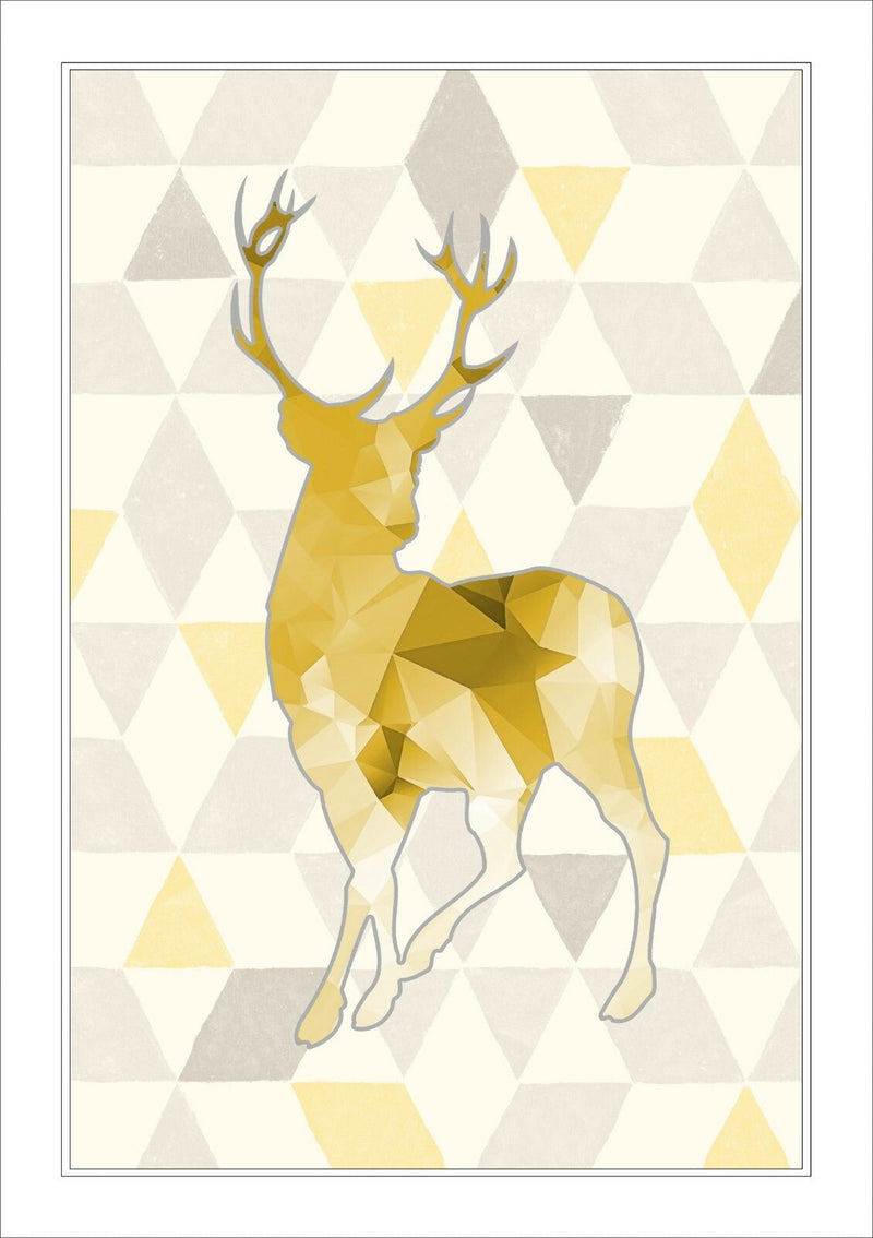 Framed Wall Art Print - Mustard Yellow Geometric Stag Artwork With Natural Wood Frame