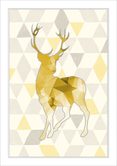 Framed Wall Art Print - Mustard Yellow Geometric Stag Artwork With Natural Wood Frame