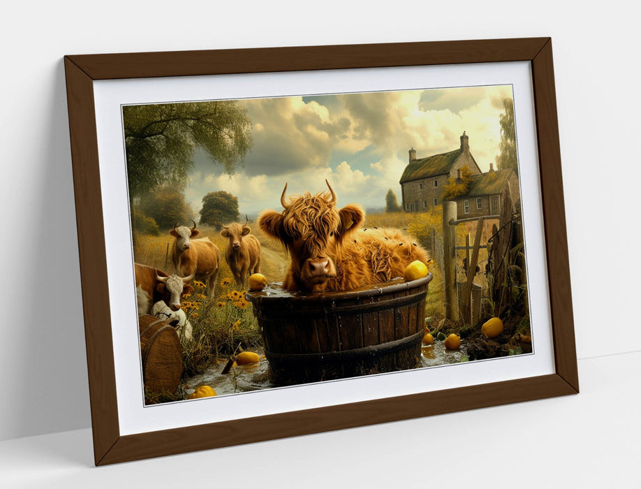 Highland Cow Wall Art – Framed Bathroom Decor Print With Woodgrain Frame