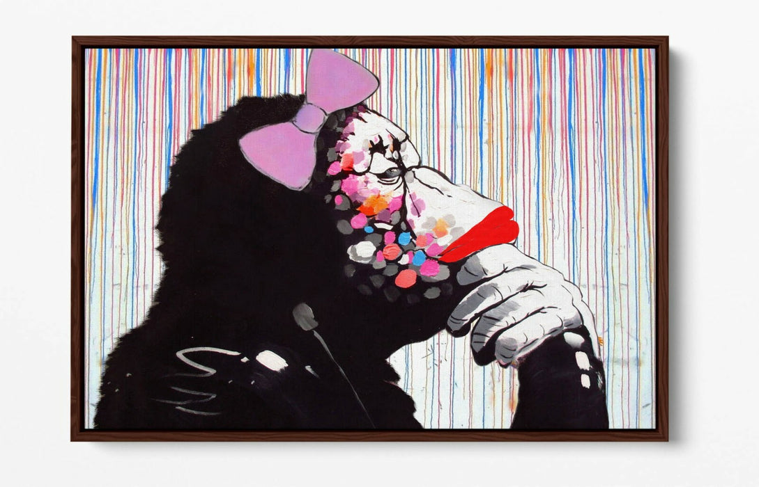 BANKSY DJ MONKEY RAIN FEMALE -FLOAT EFFECT CANVAS WALL ART PIC PRINT- WHITE