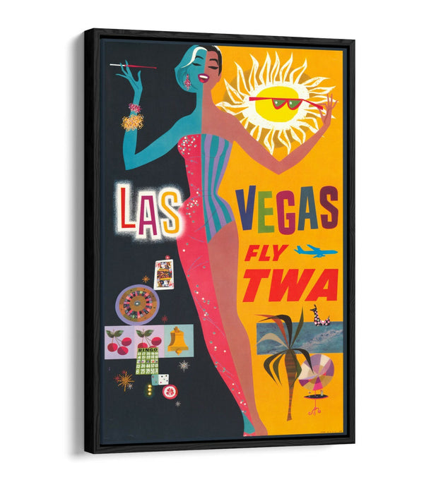 RETRO LAS VEGAS TRAVEL POSTER -FLOAT EFFECT CANVAS ART PRINT- YELLOW BLACK PINK