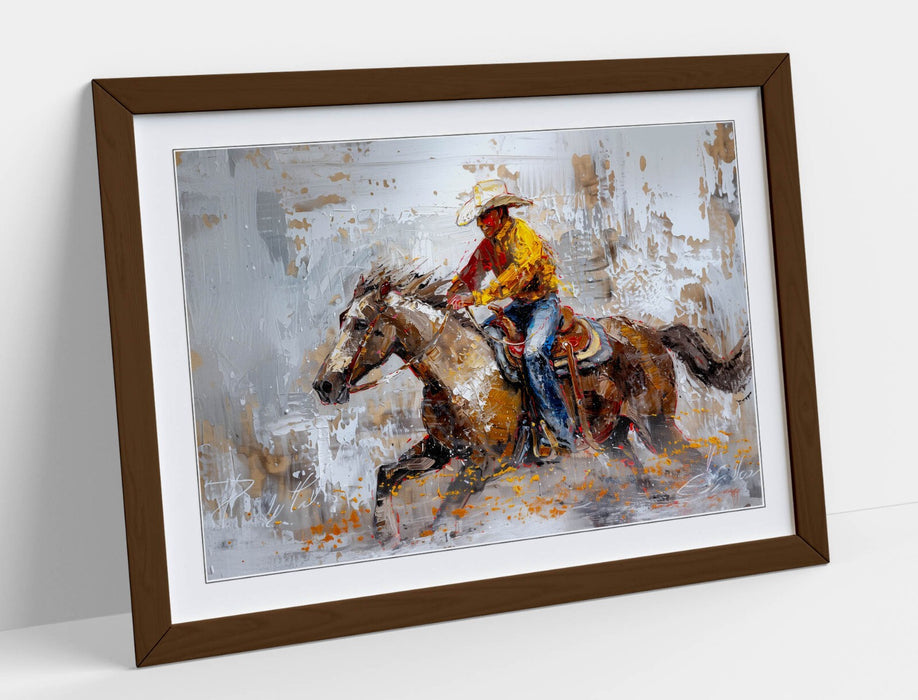 Cowboy Riding Horse Art – Framed Wall Art With Woodgrain Frame & Matte Finish Poster