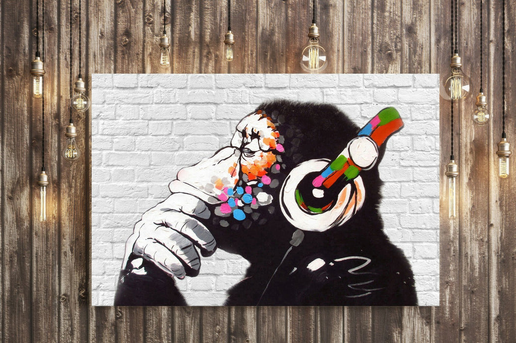 MONKEY DJ BANKSY WHITE BRICK CANVAS STREET WALL ART PRINT ARTWORK -  GORILLA