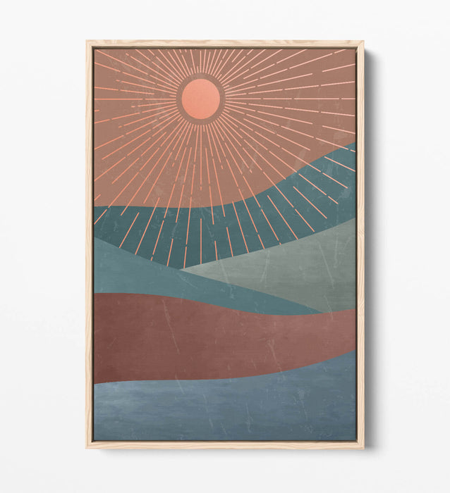 Canvas Wall Art – Abstract Sun Rays & Mountains Float Effect Print with Premium Varnish