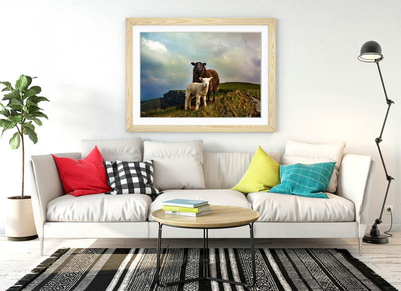 Irish Sheep Wall Art – Framed Mountain Landscape Print With Woodgrain Frame