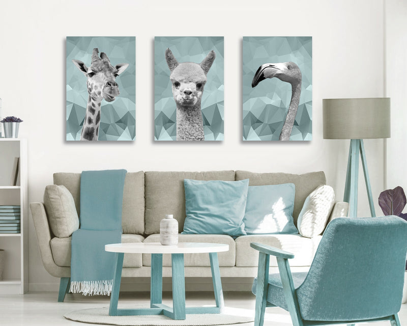Canvas Wall Art Print - Duck Egg Blue Geometric Animal Art With Highland Cow & Giraffe