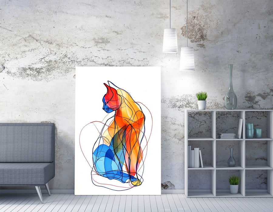 Abstract Cat Canvas - Orange Blue Line Drawing Wall Art | Handmade UK Print