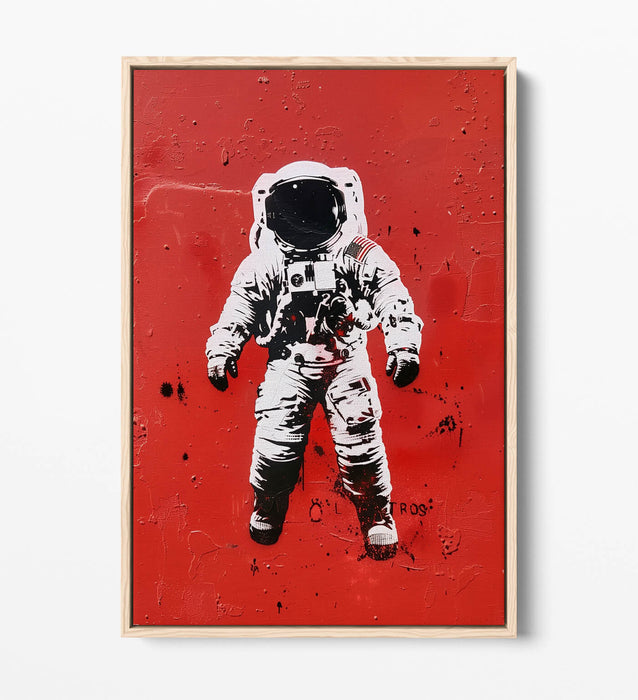 Astronaut Stencil Canvas – Graffiti Style Art with Red Background Print & Float Effect Frame