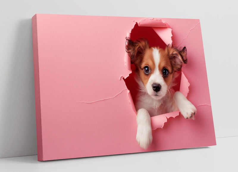 Puppy Canvas Wall Art - Cute Puppy Print On Pink Wall Decor | Handmade Ready To Hang