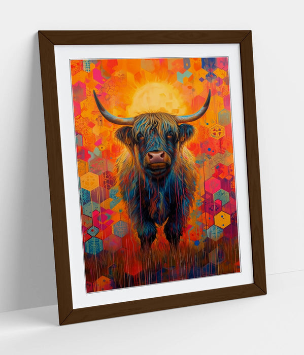 Highland Cow Wall Art – Multi Color Framed Hexagonal Pattern Poster Print