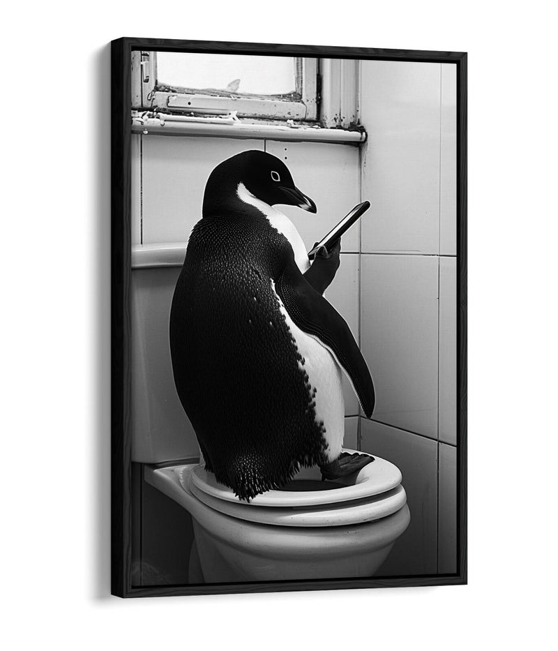 Funny Penguin Canvas – Humorous Bathroom Wall Art | Toilet Decor Print, Float Effect