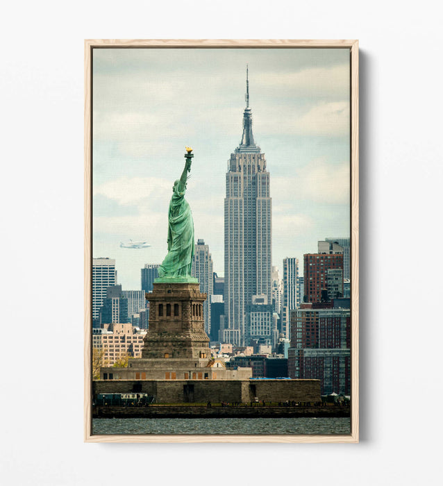 Float Effect Canvas Art - NYC Statue Of Liberty & Empire State Premium Print