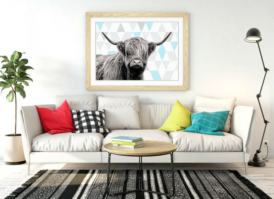 HIGHLAND COW TURQUOISE GEOMETRIC LIGHT -ART FRAMED POSTER PICTURE PRINT ARTWORK-