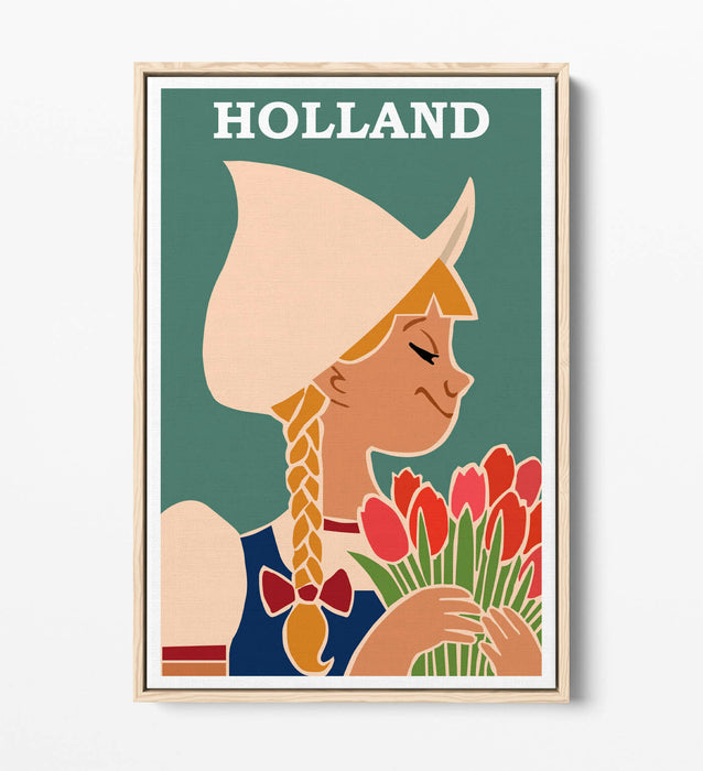 RETRO VINTAGE HOLLAND TRAVEL POSTER -FLOAT EFFECT CANVAS ART PRINT- TEAL