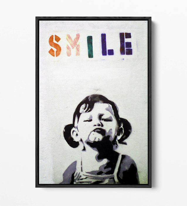 BANKSY SMILE -FLOAT EFFECT CANVAS WALL ART PIC PRINT- BLACK & WHITE