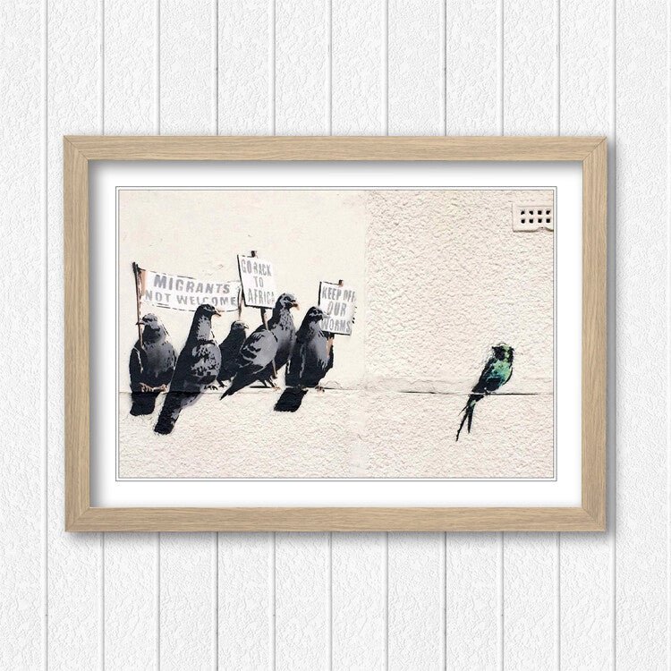 Banksy Framed Art Poster - Racist Pigeons Graffiti Wall Art in Woodgrain Faux Frame