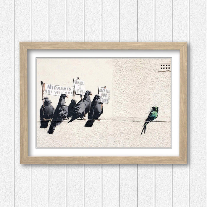 Banksy Framed Art Poster - Racist Pigeons Graffiti Wall Art in Woodgrain Faux Frame