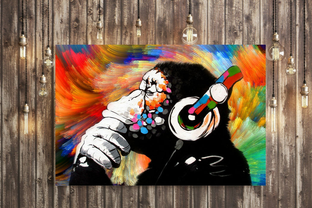 MONKEY DJ BANKSY COLOURFUL SWIRL CANVAS STREET WALL ART PRINT ARTWORK -  GORILLA