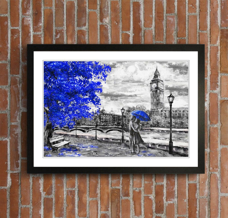 London Big Ben Wall Art – Framed Poster Print With Grey Blue Umbrella Design