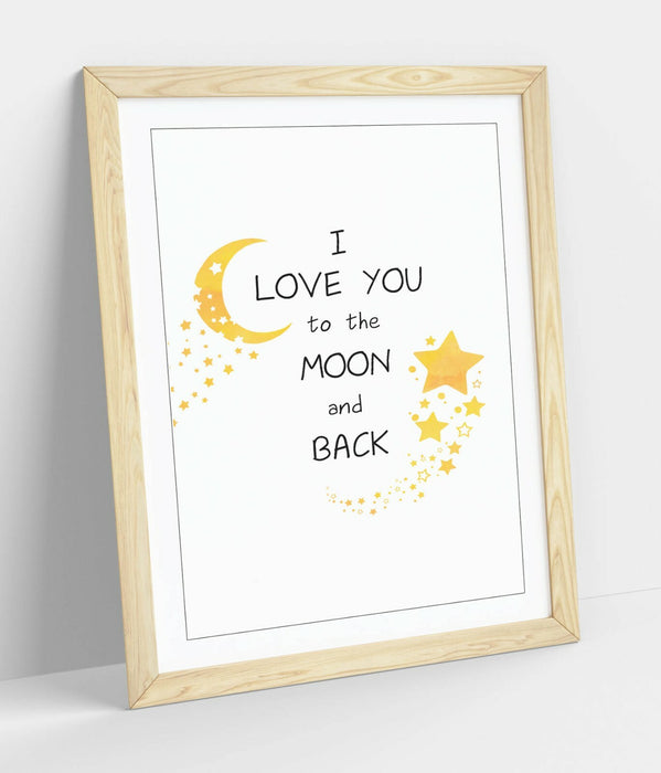 "LOVE YOU TO THE MOON" WATERCOLOR KIDS ROOM QUOTE -FRAMED WALL ART PICTURE PRINT