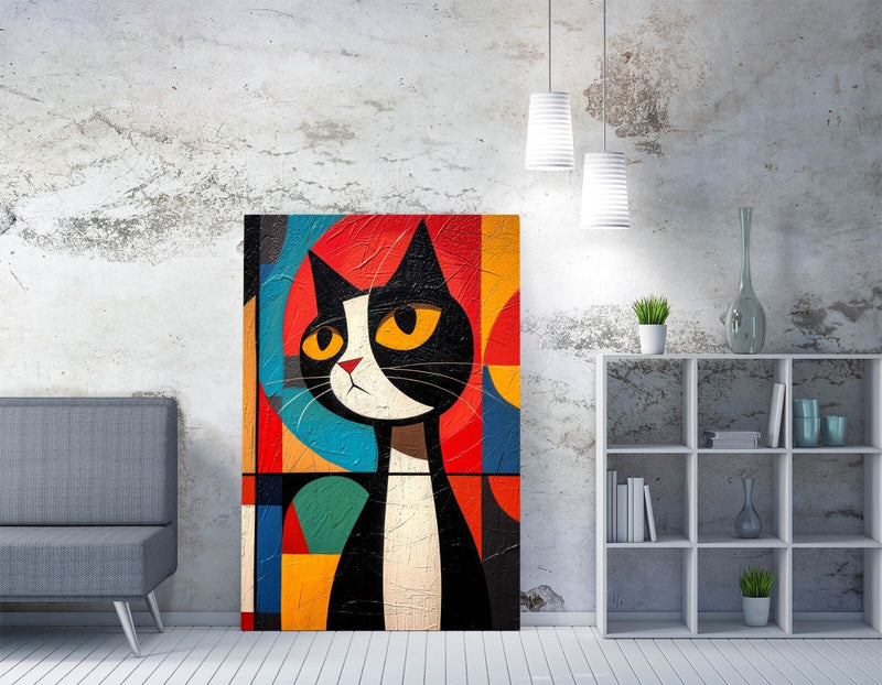 Abstract Black Cat Art - Colorful Canvas Wall Art | Kandinsky Style Decor Print