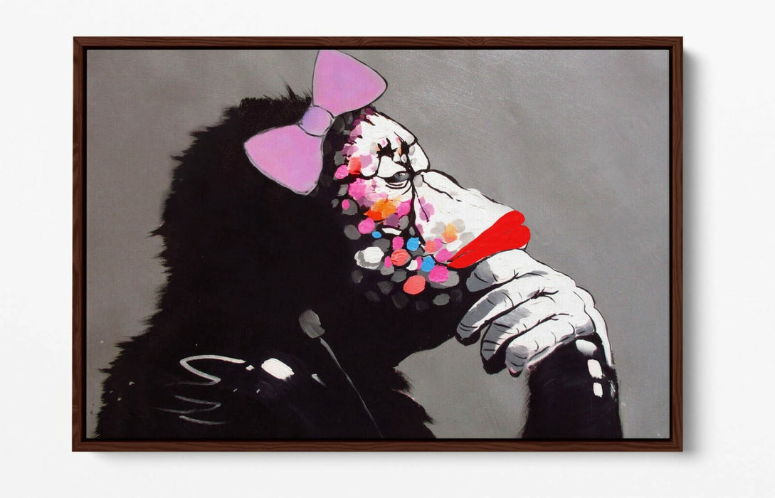 BANKSY DJ MONKEY FEMALE -FLOAT EFFECT CANVAS WALL ART PIC PRINT- BLACK PINK