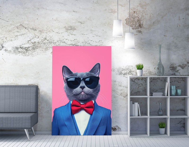 Funny Cat Canvas Art - Grey Cat Wearing Bow Tie & Sunglasses | Premium Wall Decor