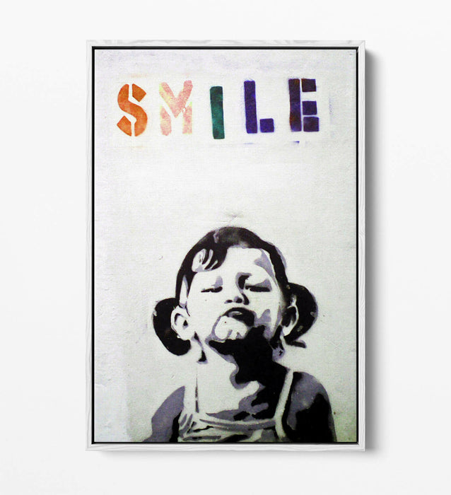 BANKSY SMILE -FLOAT EFFECT CANVAS WALL ART PIC PRINT- BLACK & WHITE