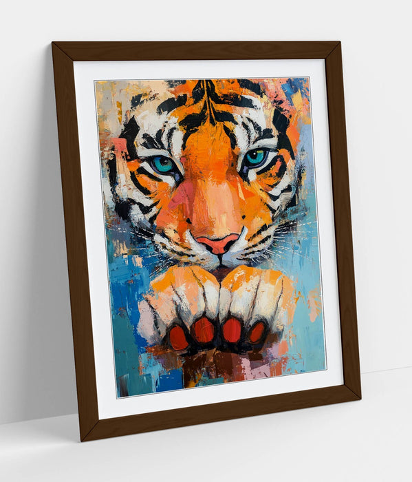 Tiger Wall Art – Cute Framed Tiger Poster Print With Paw Artwork, Oil Paint Style