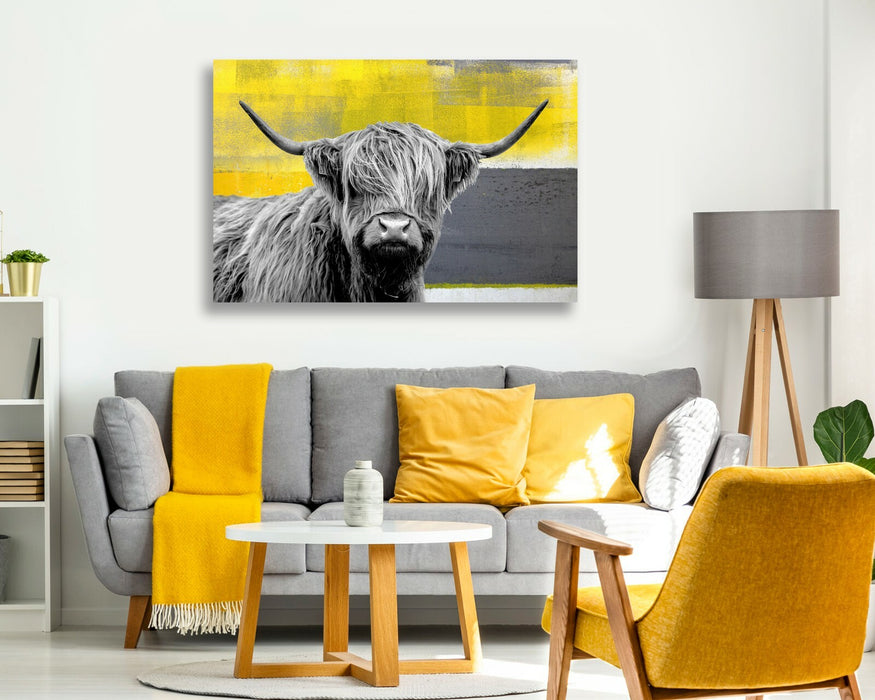 Highland Cow Canvas – Yellow Grey Abstract Animal Wall Art Print | Premium Canvas