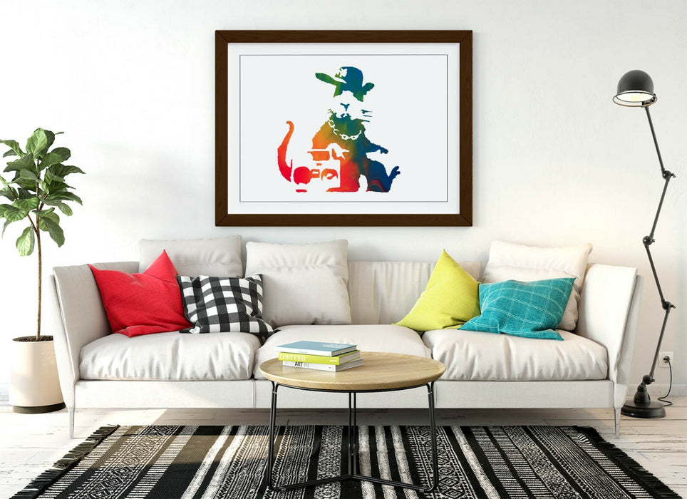 BANKSY, GANGSTA RAT RAINBOW ART EFFECT -FRAMED WALL ART PICTURE PRINT