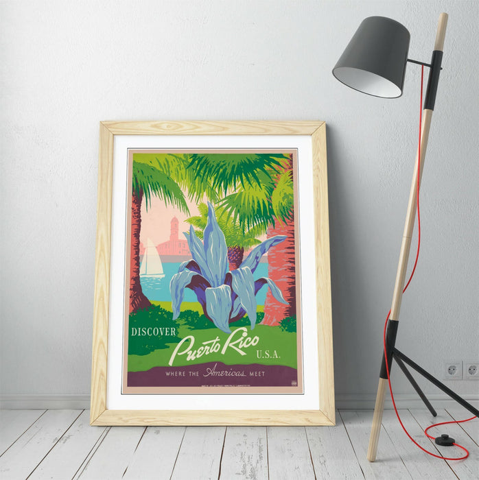 RETRO PUERTO RICO TRAVEL POSTER -FRAMED WALL ART PICTURE PRINT- BLUE PINK