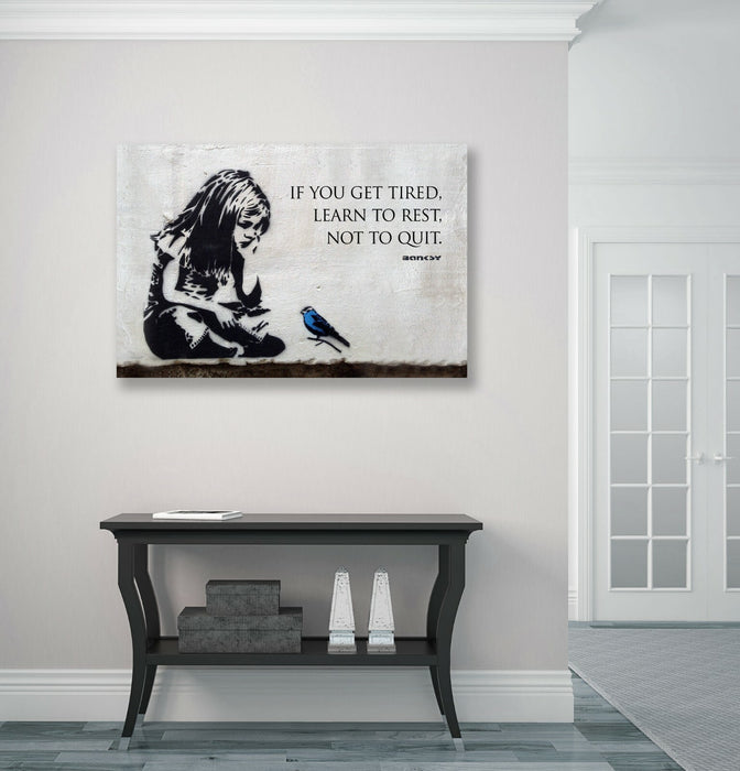 BANKSY GIRL BLUE BIRD QUOTE LEARN TO REST CANVAS WALL STREET ART PRINT GRAFFITI