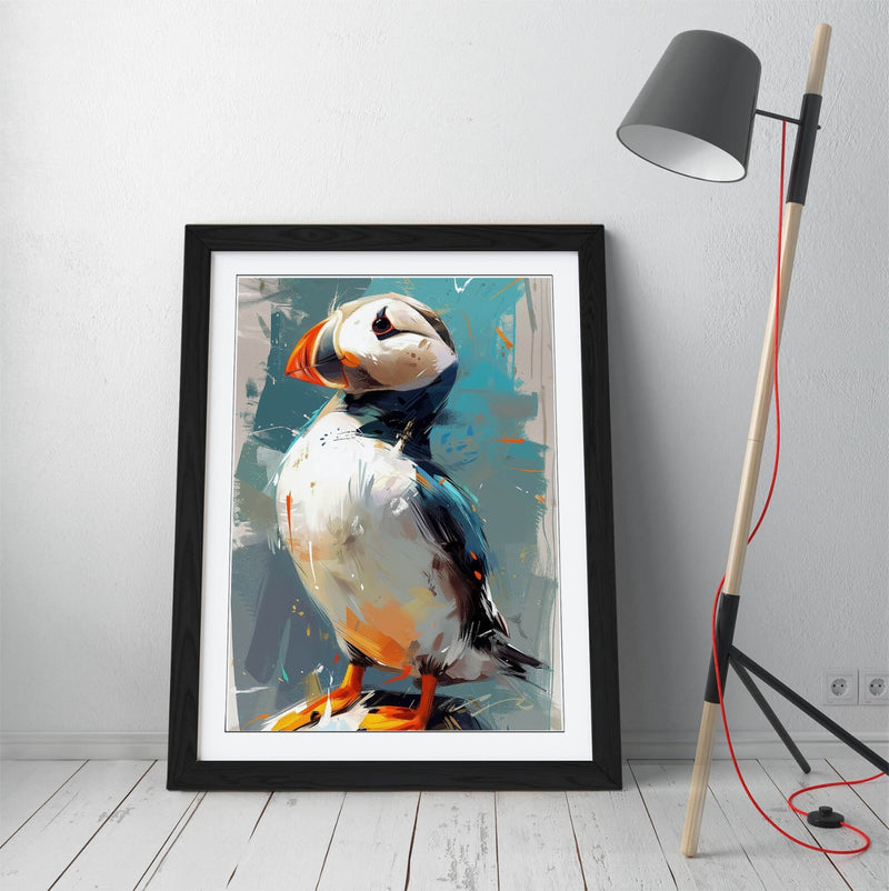Puffin Wall Art - Framed Bird Poster with Woodgrain Frame for Bedroom Decor