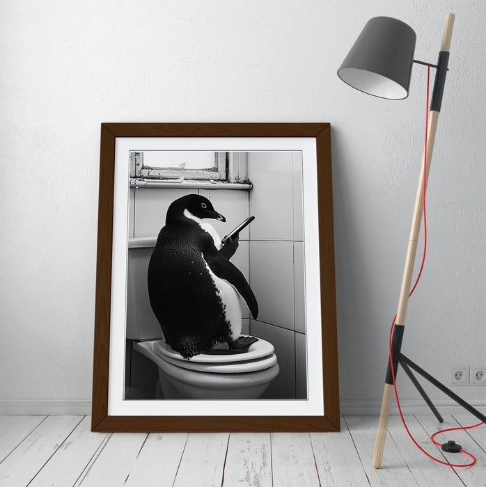 Funny Penguin Wall Art - Framed Poster Print With Toilet Humor For Bathroom Decor