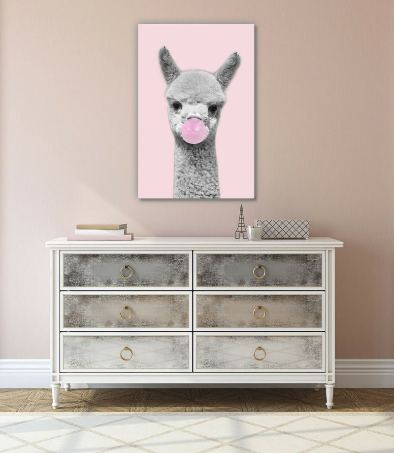 Baby Alpaca Wall Art - Black White Canvas Artwork | Handmade Pink Alpaca Print