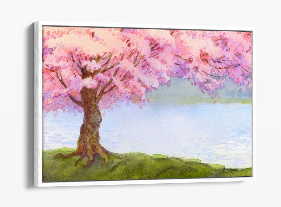 Canvas Wall Art - Pretty Cherry Blossom Tree River Scene Float Effect Print