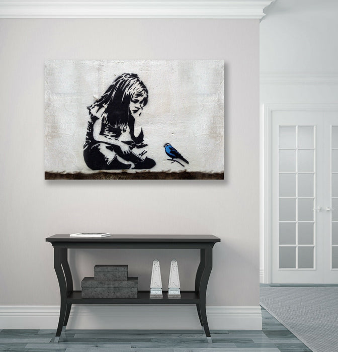 GIRL BLUE BIRD FRAMED CANVAS WALL ART PRINT ARTWORK GRAFFITI BANKSY STYLE