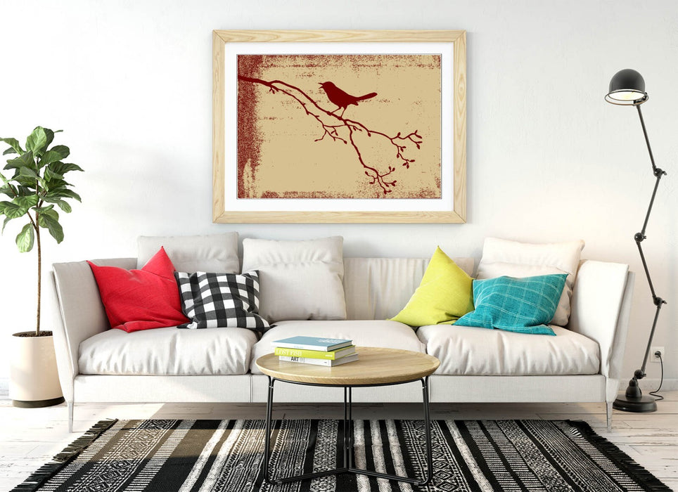 Framed Bird Wall Art – Red Silhouette Tree Branch Print | Handmade Home Decor