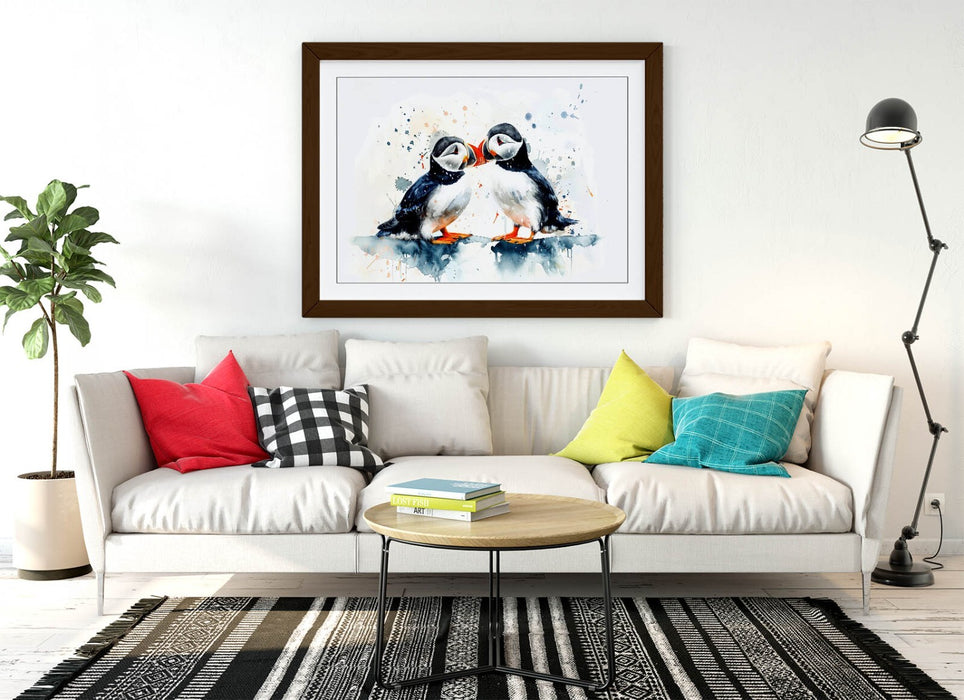 Puffins Wall Art – Framed Bird Poster | Cute Animal Print Home Decor