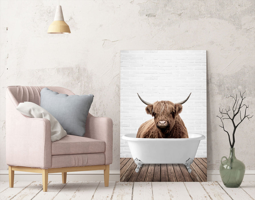 Highland Cow Animal in Bath CANVAS WALL ART PRINT ARTWORK PAINTING FRAMED POSTER