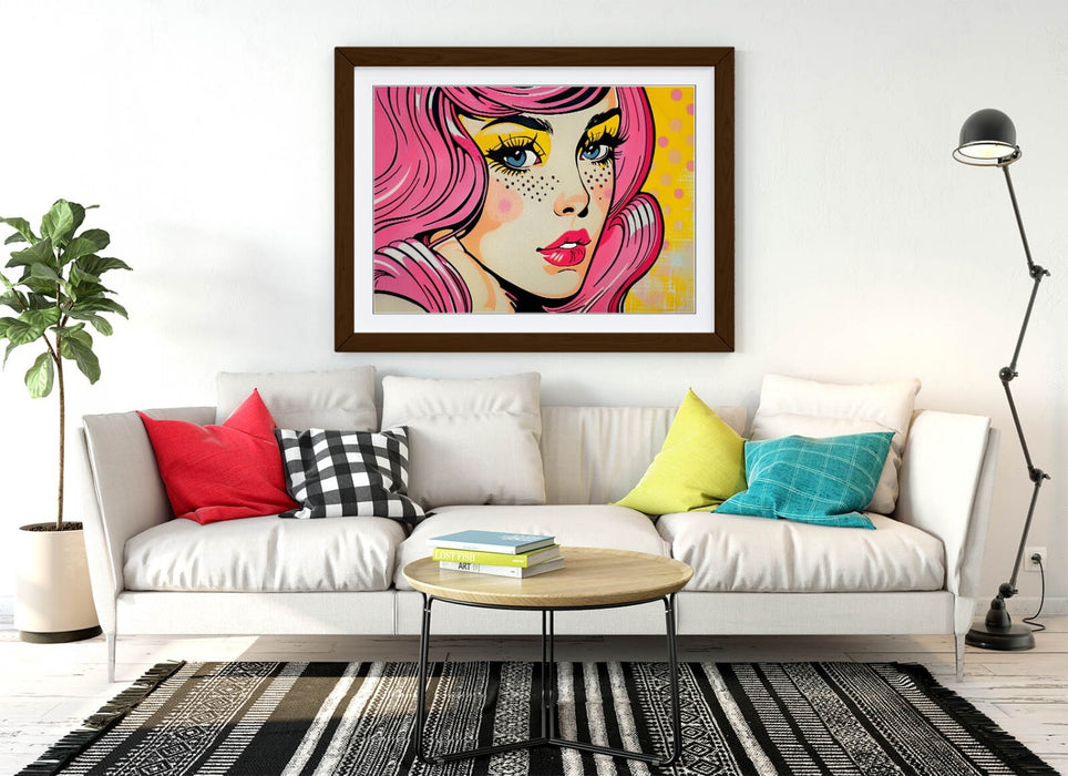 Framed Wall Art - Retro Comic Style Woman Portrait Poster Print With Faux Wood Frame