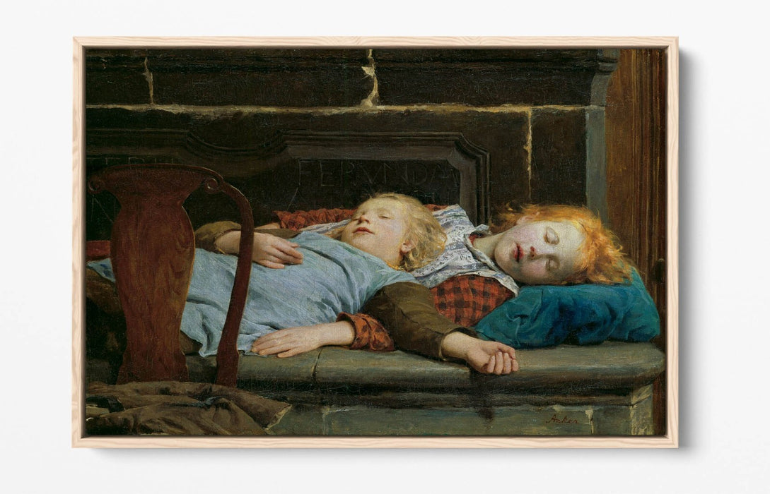 Float Effect Canvas Art - Albert Anker Two Girls On Stove Bench Premium Print