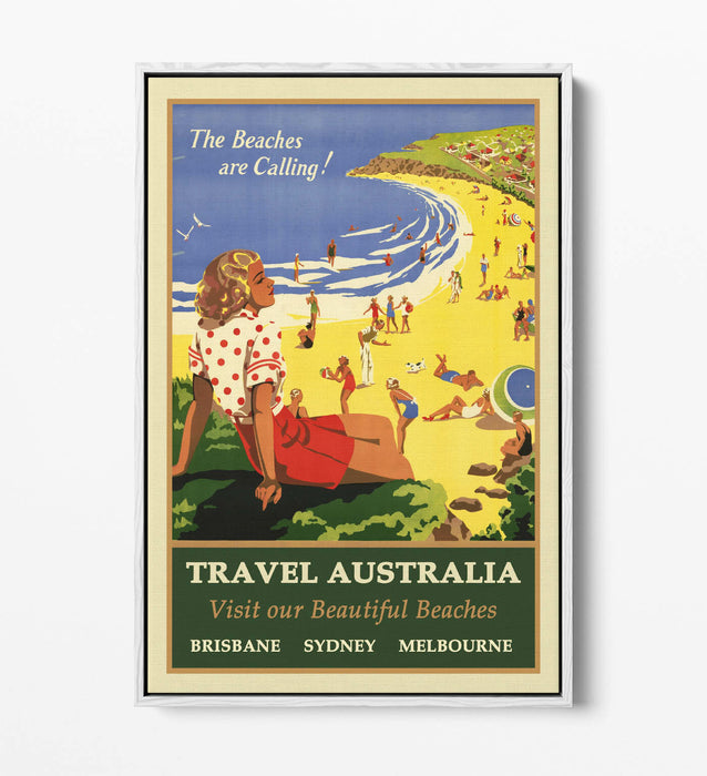 VINTAGE RETRO AUSTRALIA TRAVEL POSTER -FLOAT EFFECT CANVAS ART PRINT- BLUE GREEN