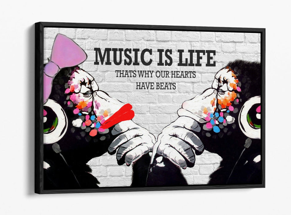 BANKSY DJ MONKEY MUSIC IS LIFE -FLOAT EFFECT CANVAS WALL ART PIC PRINT- PINK RED