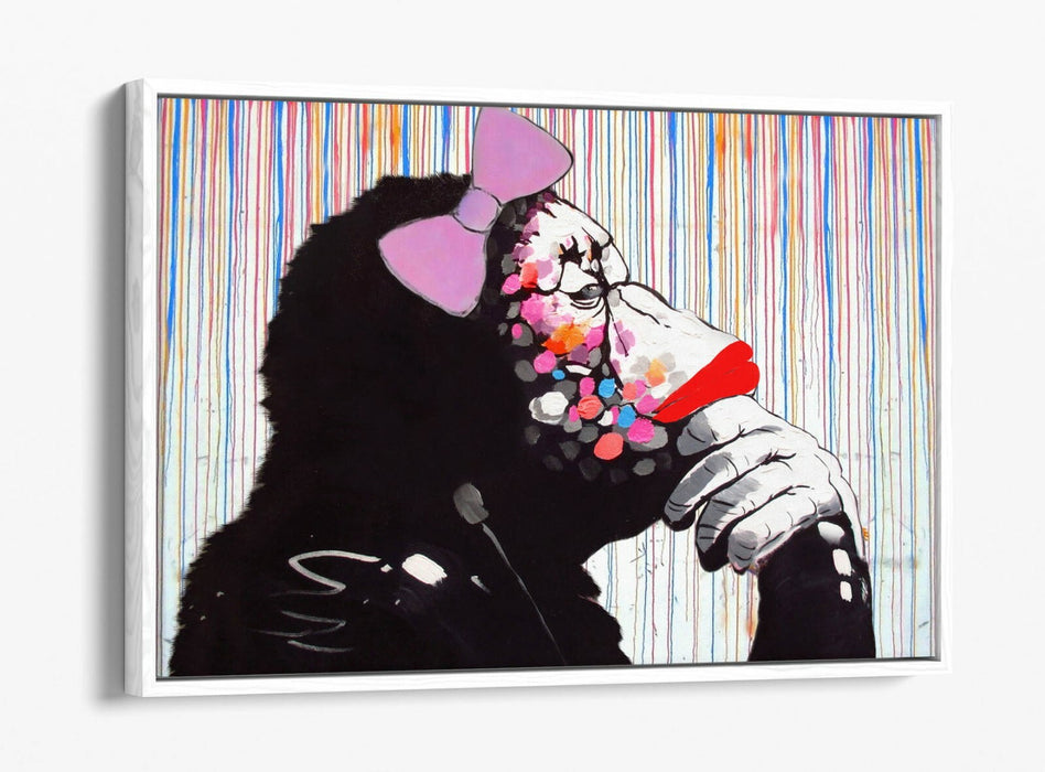 BANKSY DJ MONKEY RAIN FEMALE -FLOAT EFFECT CANVAS WALL ART PIC PRINT- WHITE