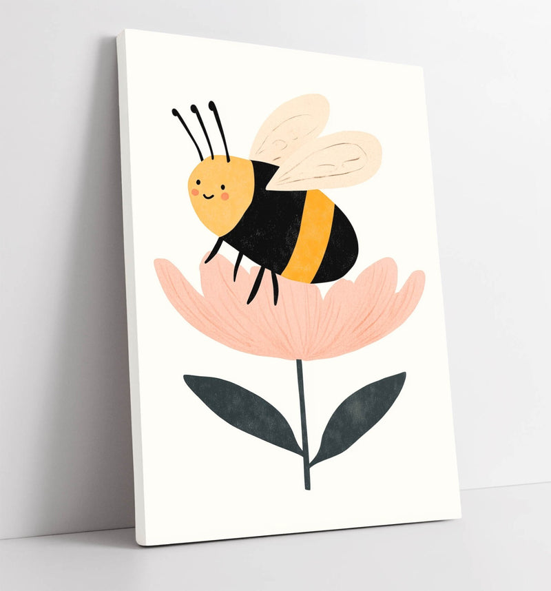 Bumble Bee Canvas Art – Cute Cartoon Bee Artwork on Pink Flower Canvas Print