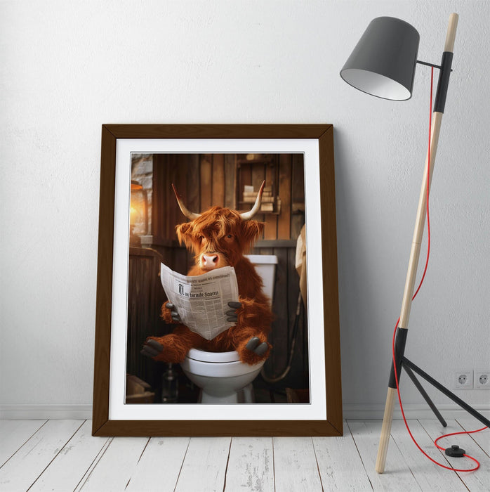 Highland Cow Wall Art – Framed Bathroom Decor Poster With Rustic Wood Frame