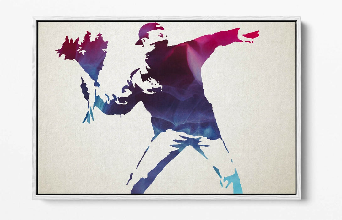 BANKSY, FLOWER THROWER PURPLE -FLOAT EFFECT CANVAS WALL ART PRINT