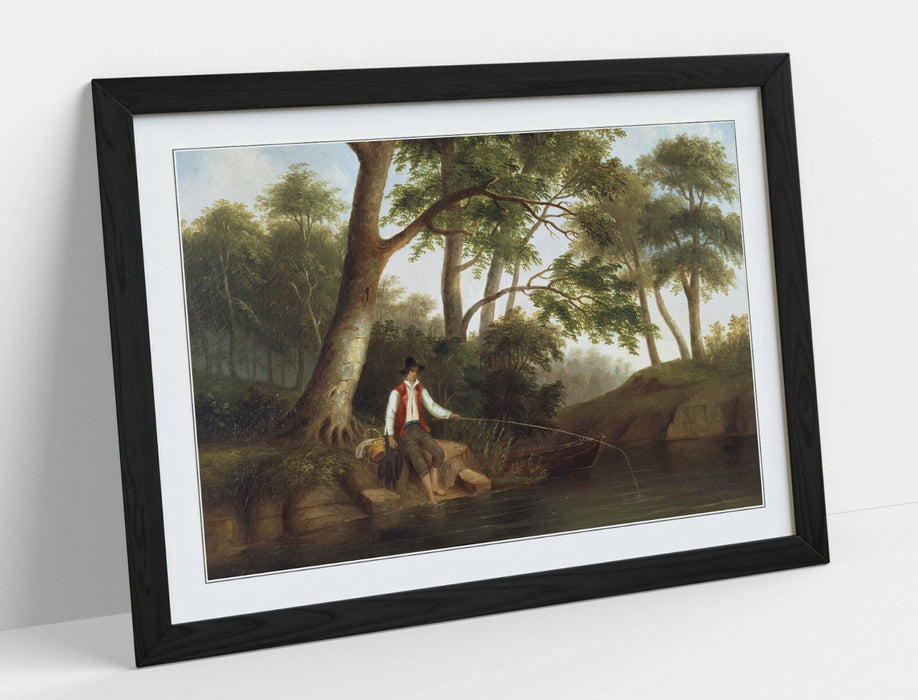 Framed Wall Art - Robert S DuncanSon Man Fishing Artwork With Woodgrain Frame